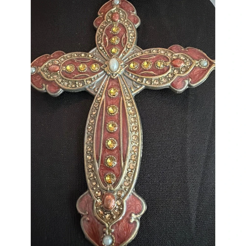 Vintage Ornate Enamel Rhinestone Cross Ornament OS Burgundy Metal Victorian